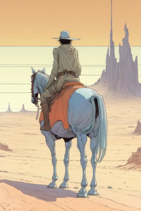 00437-3743977917-_lora_Moebius (Jean Giraud) Style_1_Moebius (Jean Giraud) Style - a tall, skinny man riding a horse. Facing forward towards us.png